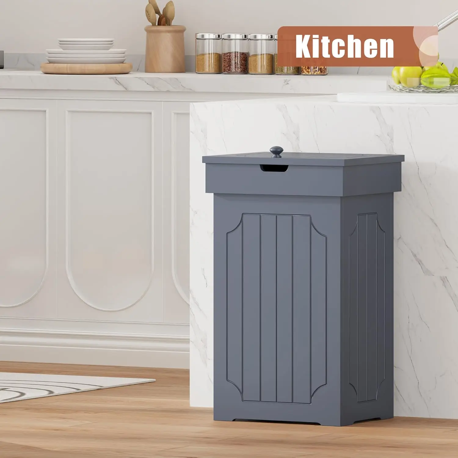 Wooden Recycling Trash Bin, Freestanding Dog Proof Trash Can, Farmhouse Trash Cabinet with Lid for Home Kitchen Bedroom, Grey