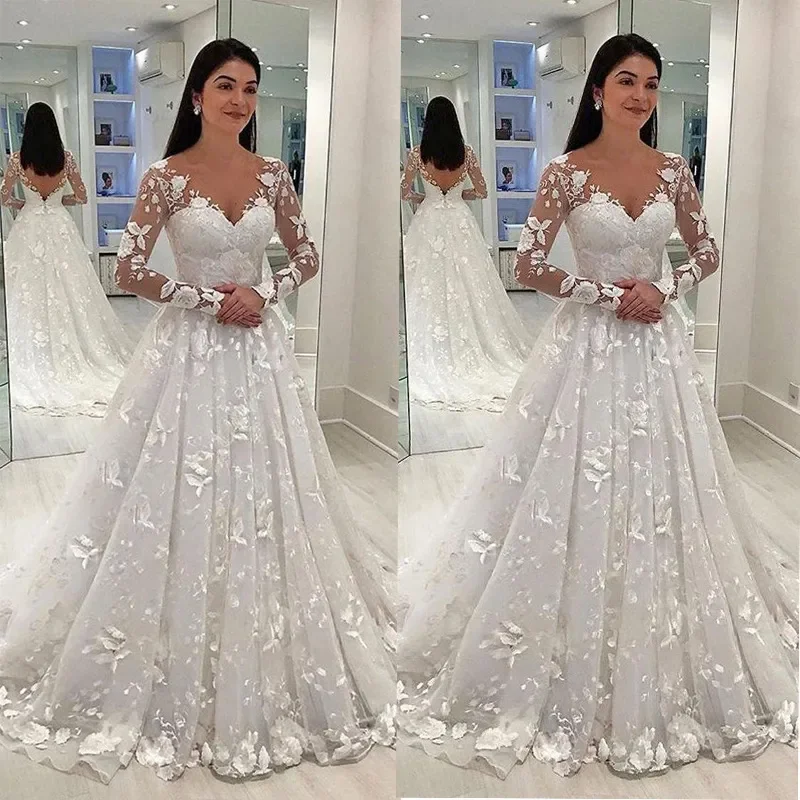 Sexy Women Wedding Dress White Lace Long Dress Deep V Neck Long Mesh Lace Sleeve A Line Pleated Floor Length Bridal Gowns 2024