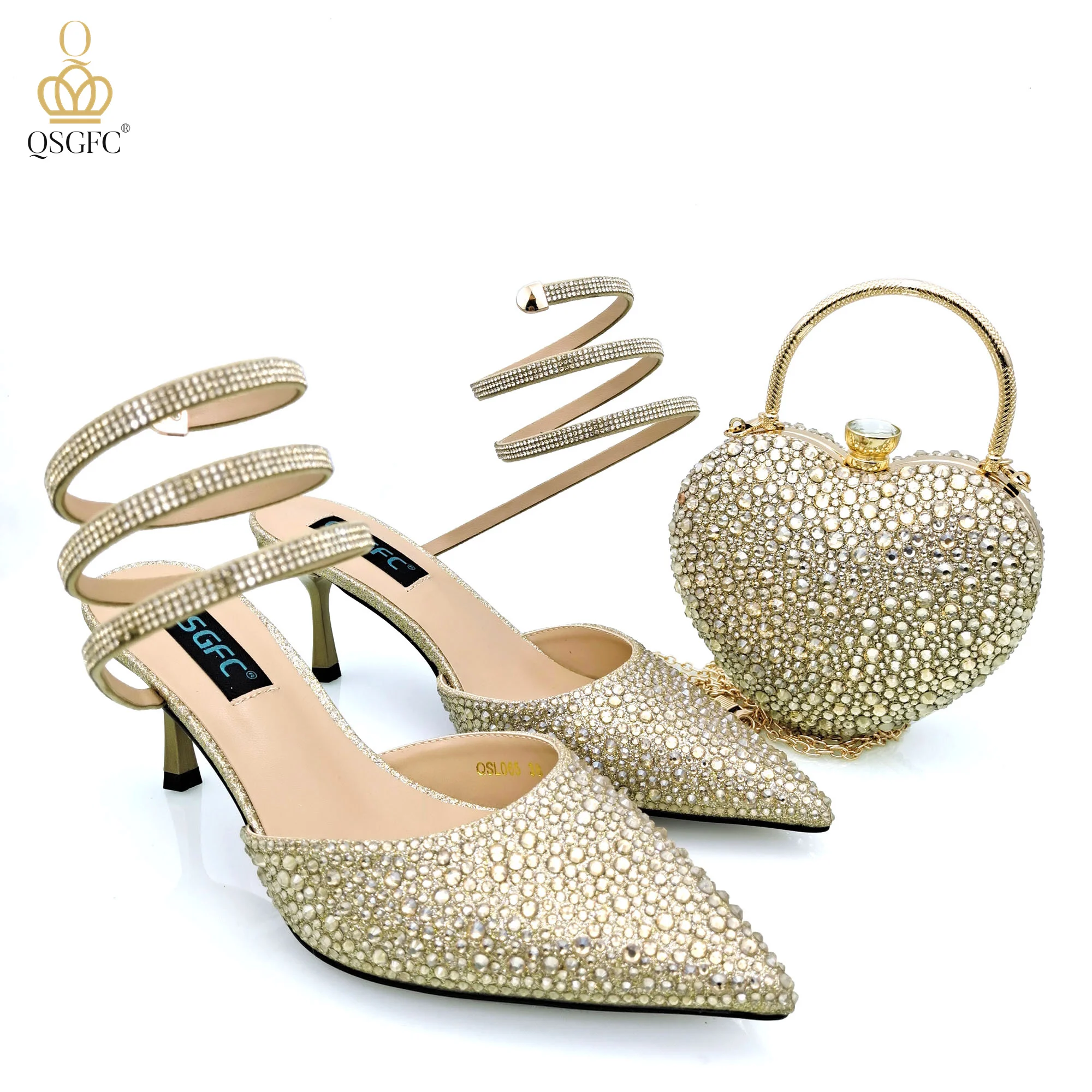 QSGFC 2024 Gold Color Shine Luxury Design Heart Shaped Packet And Mid-heel Rhinestone Snake Wrap Strap Pointed Toe Shoes And Bag