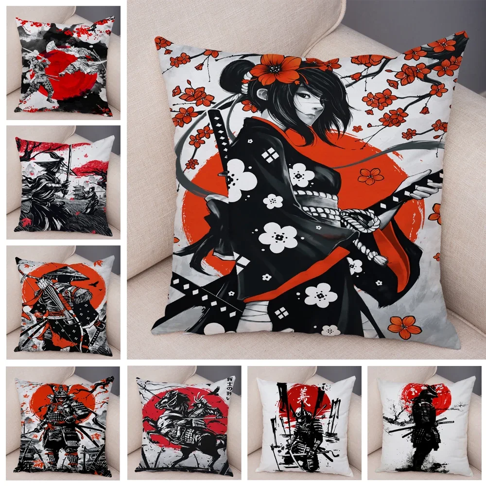 Japan Style Ink Cushion Cover for Sofa Home Double Print Decor Beautiful Scenery Warrior Girl Pillowcase Soft Plush Pillow Case