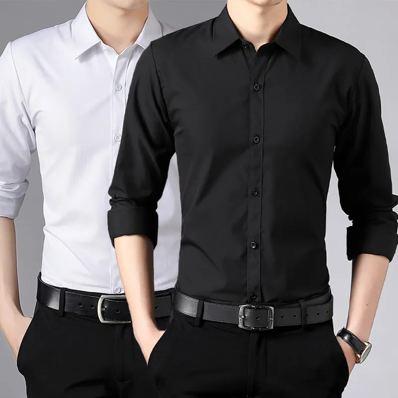 Business Casual Slim Fit Long Sleeve Shirt for Men Pure Color Office Workwear Polyester Fiber Easy Care Polyester 100%