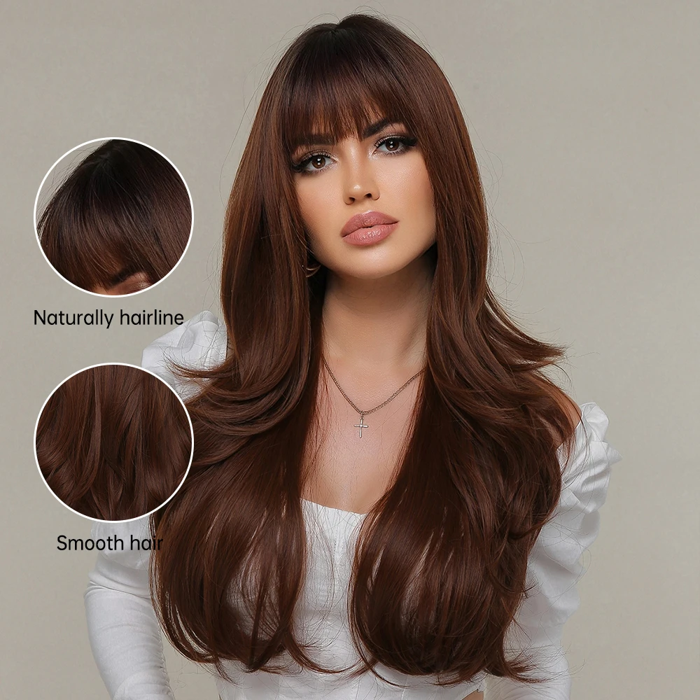 ALAN EATON Dark Brown Long Wavy Synthetic Wigs with Bangs Layered Natural Wave Wigs for Women Heat Resistant Cosplay Daily Hair