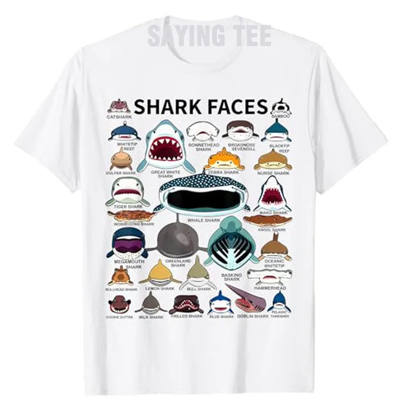 

Shark Faces - Type of Shark - Shark Faces of All Kinds T-Shirt Humor Funny Sharks Species Graphic Outfit Short Sleeve Saying Tee