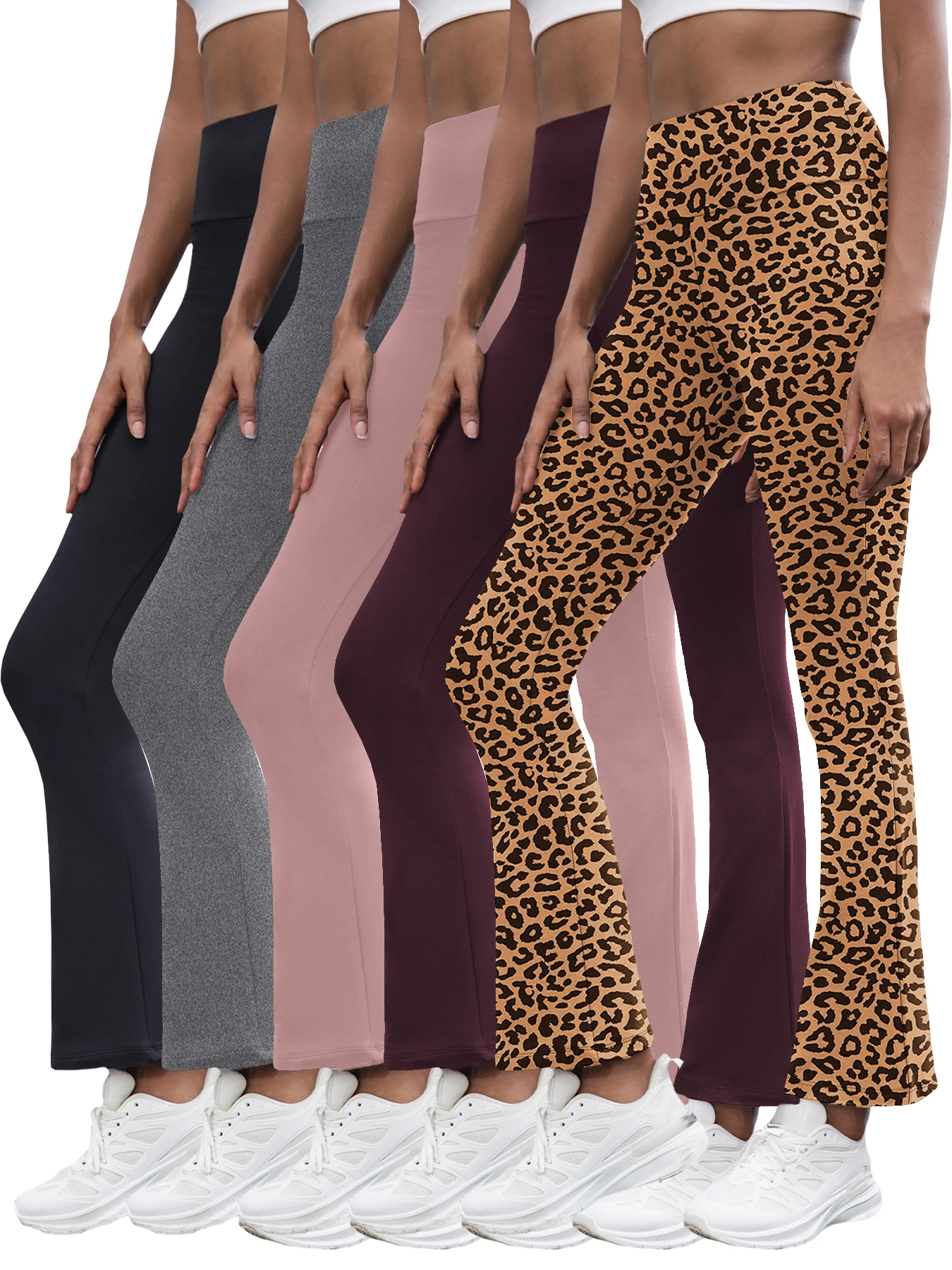 

5 Pack Women's Super Soft High Waisted Fleece Flare Leggings. Tummy Control Soft Bootleg Bootcut Pants
