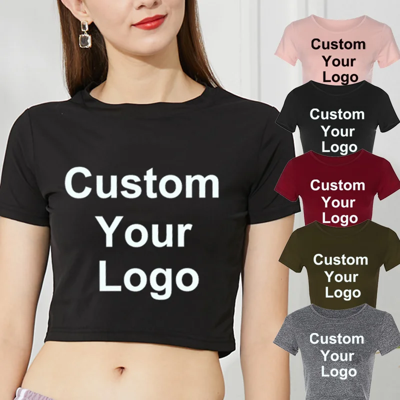 

Fashion Women Customize Your Logo Scoop Neck Crop Tops Short Sleeve Bare Casual Blouse T-Shirt