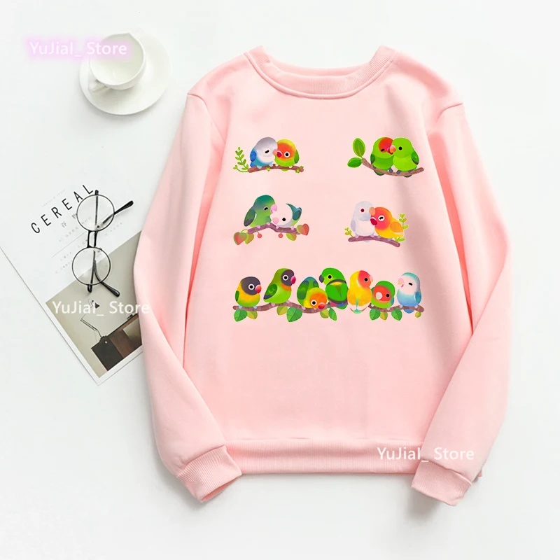 Watercolor Birds Print Sweatshirt Girls Cockatiel Family Kawaii Hoodie Women Harajuku Clothes Fashion Jumper Streetwear