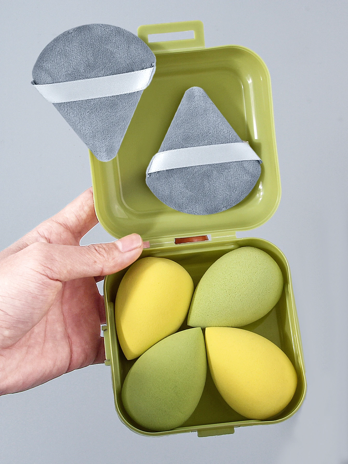 6 قطعة إسفنجة مكياج جافة ورطبة مزدوجة الأغراض غير لاصقة للبيض/نفخة مسحوق مثلثة + 1 قطعة صندوق تخزين محمول