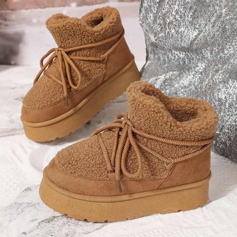Winter New Thick Snow Boots Women\'s Round Head Sleeve Splicing Suede Front Strap Anti-slip Wear-resistant Short Boots