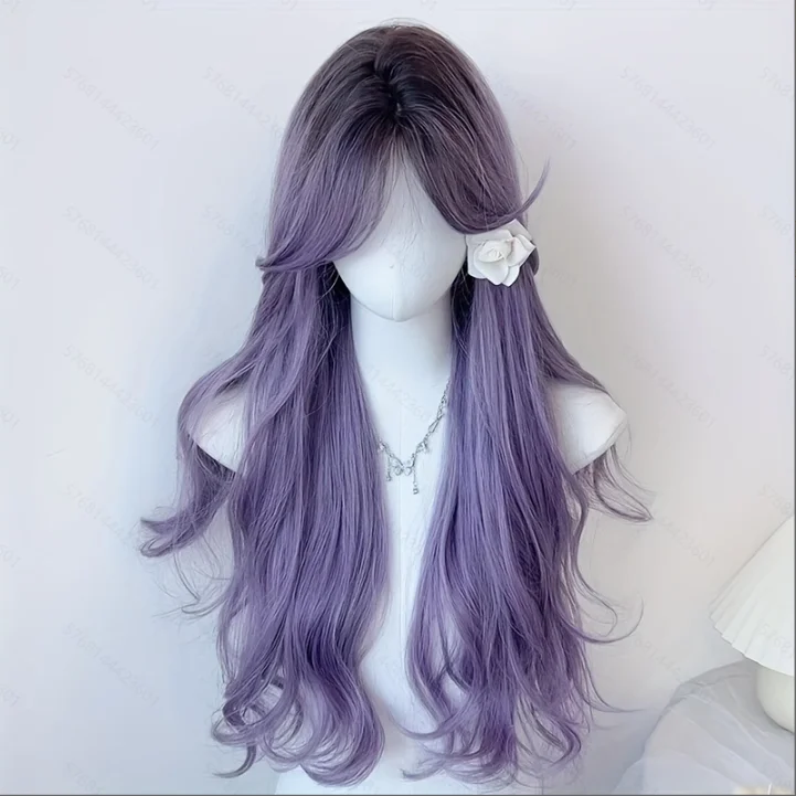 Ombre Purple Long Wavy Synthetic Wig for Women Middle Part Bangs Heat Resistant Daily Cosplay Full Hair Wigs