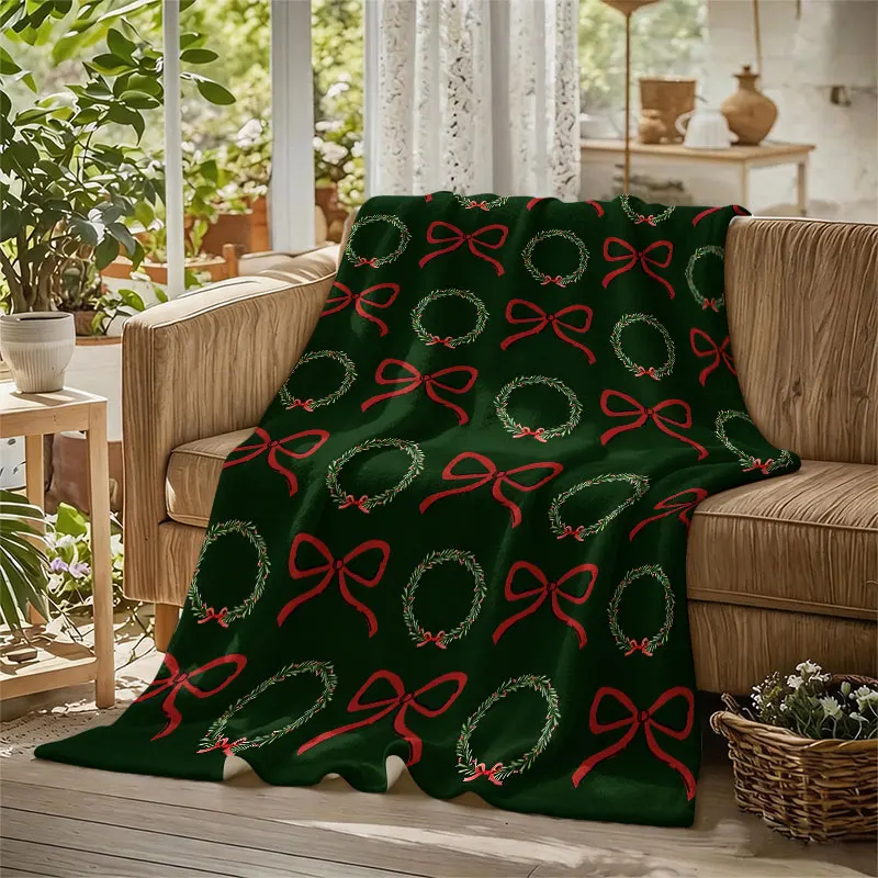 Xmas Bow Wreath Flannel Blanket Warm Soft Halloween Christmas Decorative Couch Warm Cozy All-Season Gift