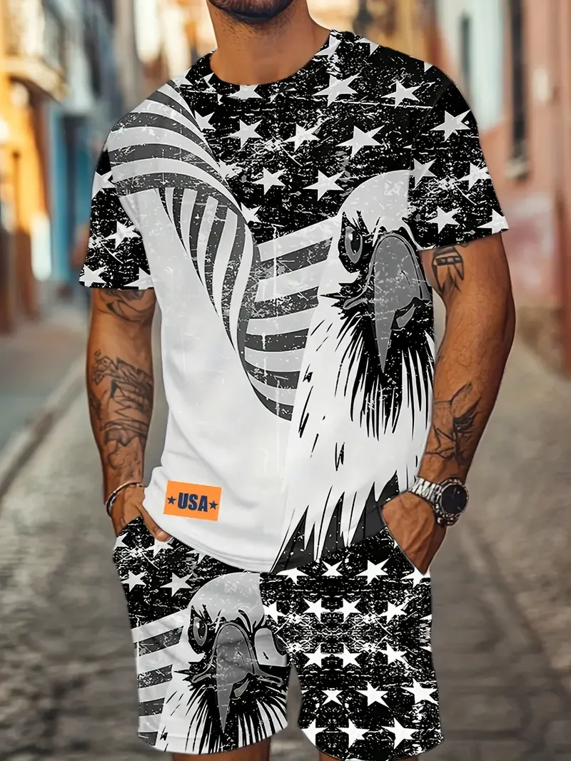 2025 casual and comfortable Summer chic outdoor activity 3D printed T-shirt set Printed Short Sleeve outdoor sport  set