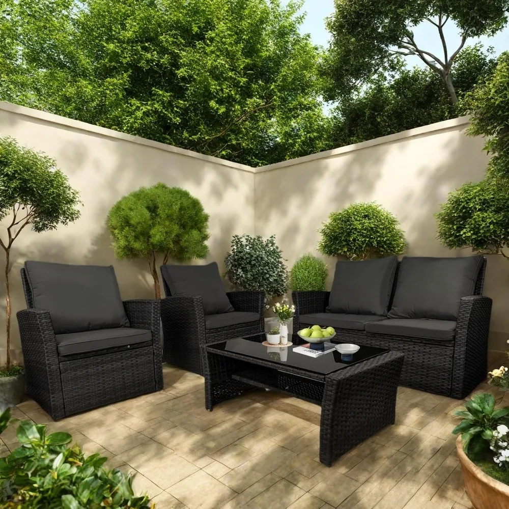 

4 Piece Patio Furniture Set,Outdoor Wicker Conversation Set, All-Weather PE Rattan Sectional Patio Sofa Set with Cushion, for Ga