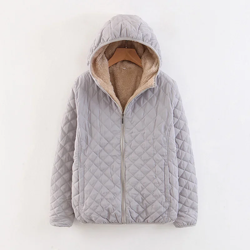 Fashionable and Casual Slim Fit, Slimming Plaid Lamb Wool Hooded Closure, Thickened Warm Cotton Jacket for Women, Plus Size