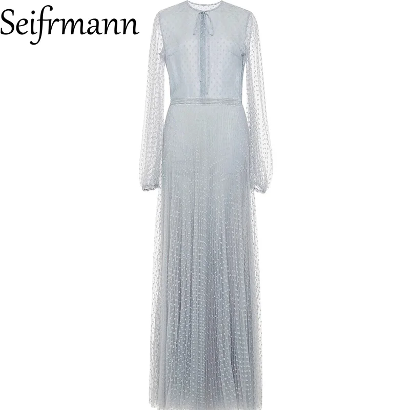 Seifrmann damska elegancka suknia balowa plisowana sukienka wokół szyi sznurowane z długimi rękawami nowe modne duże plisowane sukienki typu swing