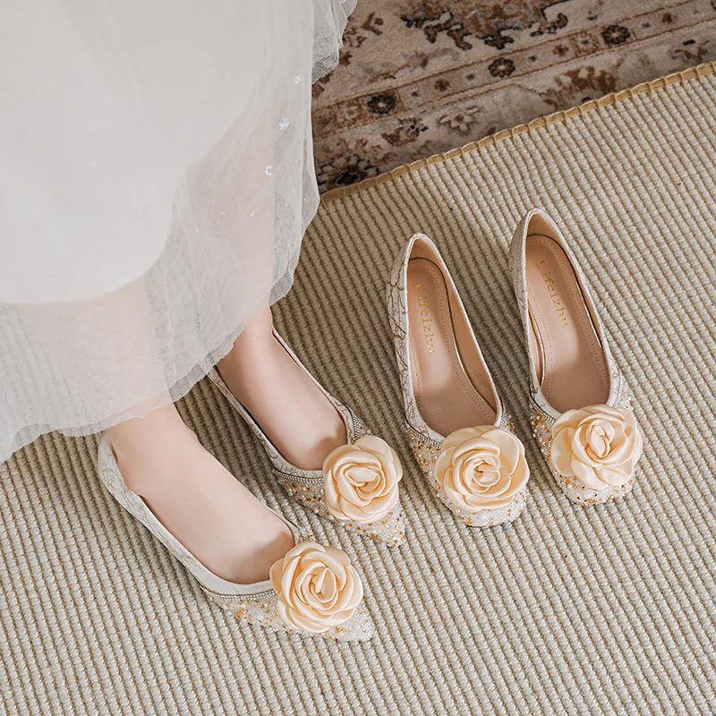 

Spring Shoes for Women Pumps Fashion Bling Crystal Camellia Casual High Heels Shoes Girl Beautiful Dress Shoes 33-43