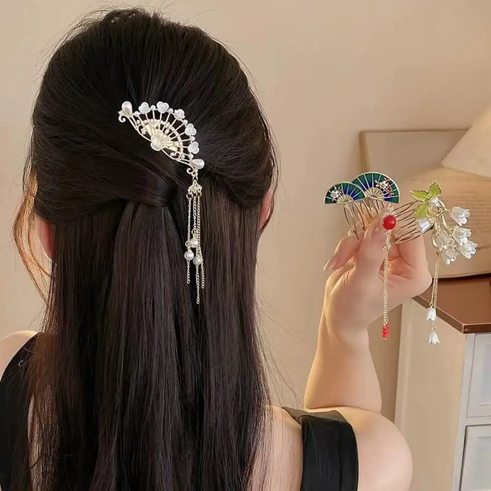 Sisir Rambut Rumbai Bunga Sisir Sisipan Antik Aksesori Rambut Hanfu Tiongkok Jepit Rambut Daun Bunga Jepit Rambut Campuran Bambu Hijau