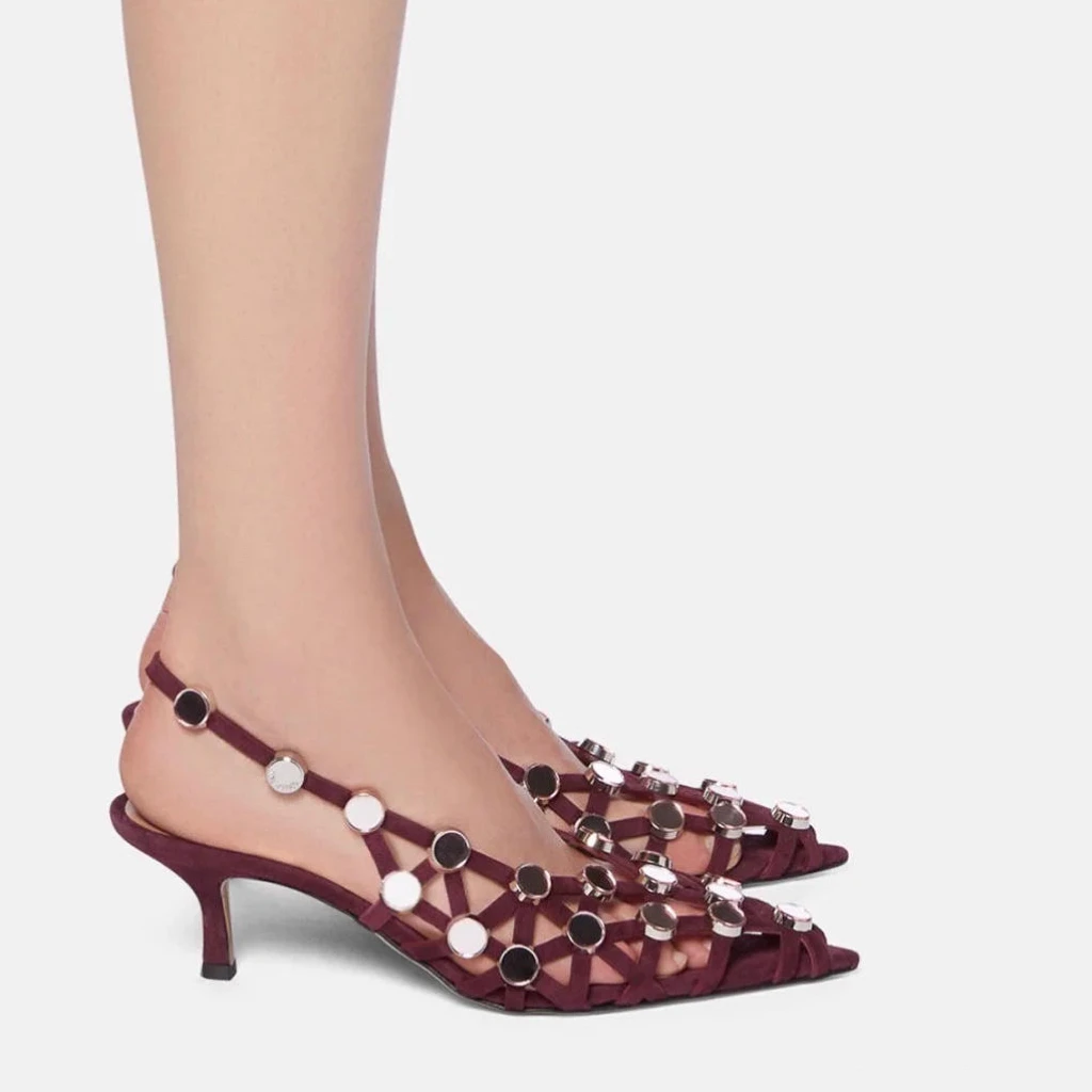 Summer Women Burgundy Suede Cutout Kitten Heel Slingback Sandals Metal Disc Decoration Pointed Toe Elegant Evening Party Pumps