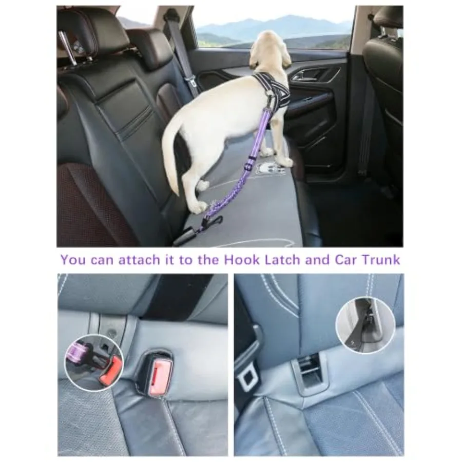 Dog Seat Belt for Car, Updated 3-in-1 Bungee Dog Car Harness, Purple Adjustable Reflective Heavy Duty Nylon Dog Car Seatbelt Te