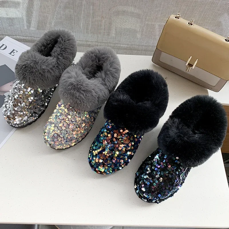 

Women Boots Glitter Short Boots Female Cozy Warm Ankle Boot Woman Flat Furry Shoes Women's Bling Snow Boots Zapatos De Mujer