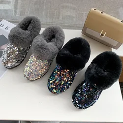 Women Boots Glitter Short Boots Female Cozy Warm Ankle Boot Woman Flat Furry Shoes Women's Bling Snow Boots Zapatos De Mujer