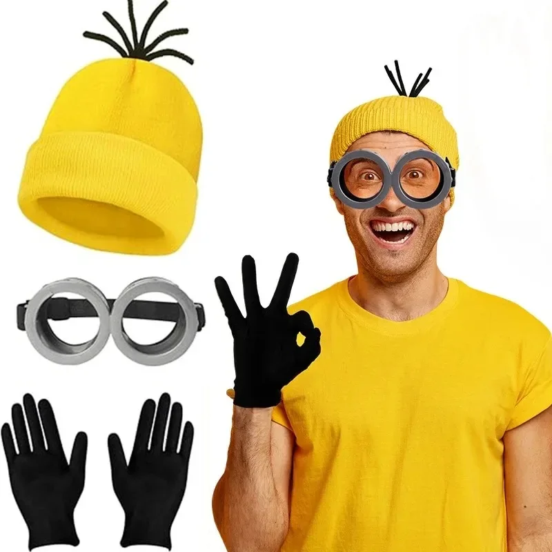 3pcs/set Anime Minion Hat Glasses Gloves Cosplay Costume Props Despicable Me Character Accessories Holiday Party Dress-up Unisex