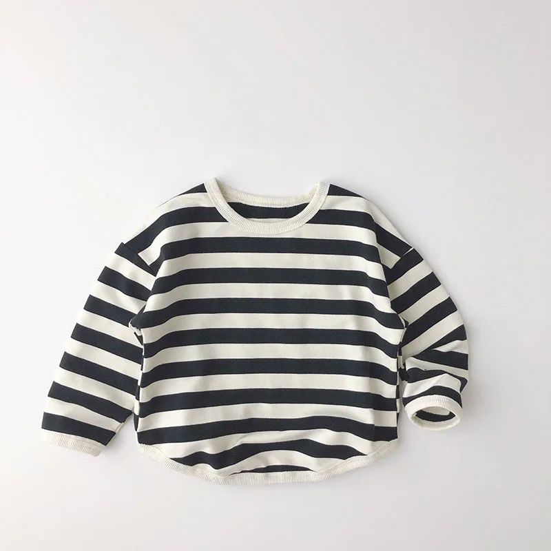 New Arrival Korean Style INS Striped Round Neck Long-Sleeve T-shirt for Infants and Toddlers Casual and Sporty Tee