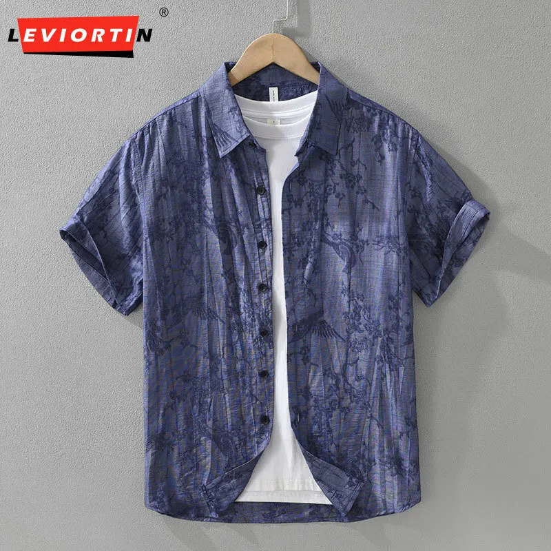 

Лето 2025 г., мужская модная и универсальная художественная повседневная простая и свободная японская модная рубашка с короткими рукавами и принтом, топ