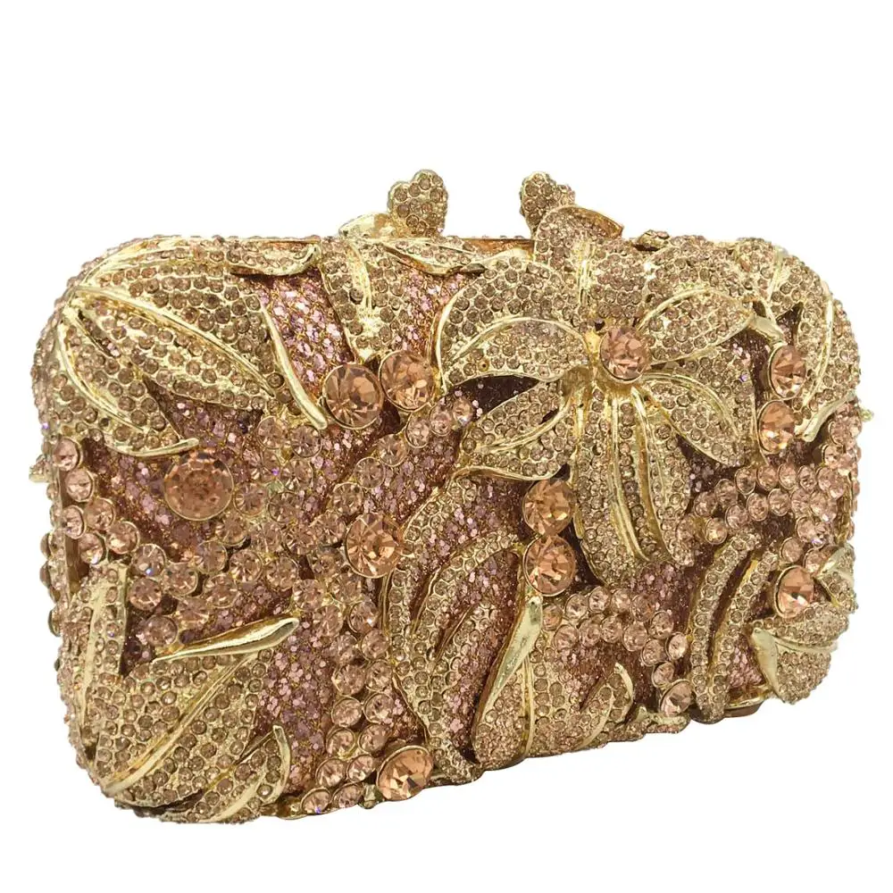 Boutique De FGG Women Champagne Evening Purses and Handbags Wedding Party Dinner Crystal Flower Clutch Bags Minaudiere Bag