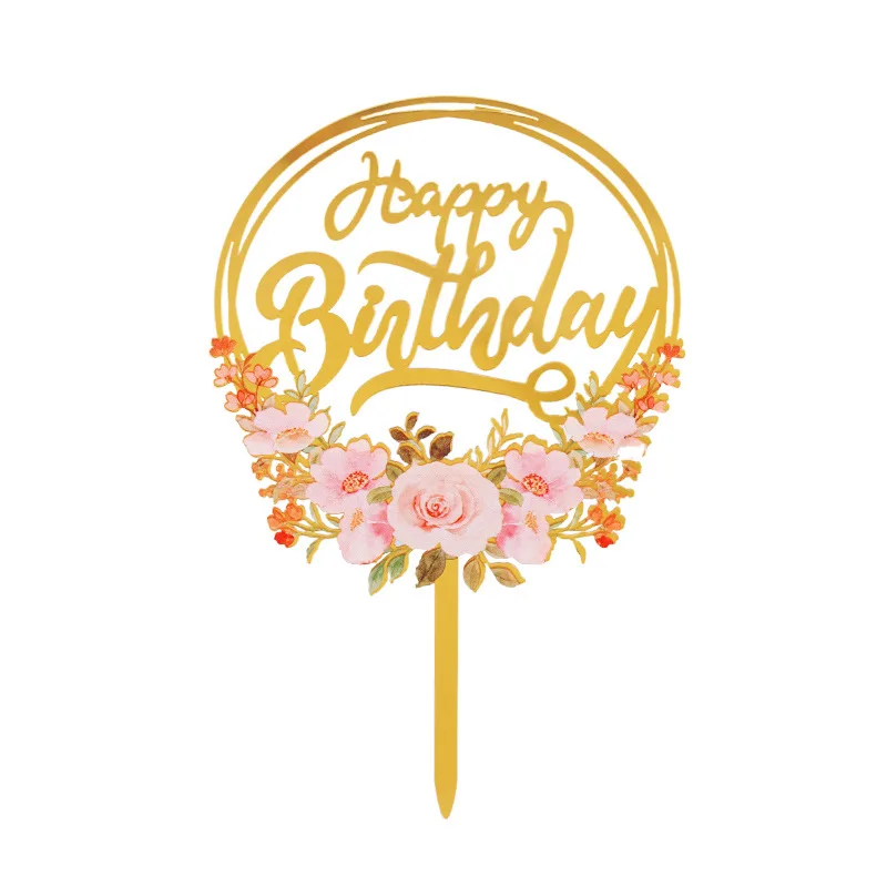 1PC Flower Plant Happy Birthday Cake Topper Gold 3D Acrylic Kids Party Dessert Cake Topper for Baby Shower Cake Gift Decoration