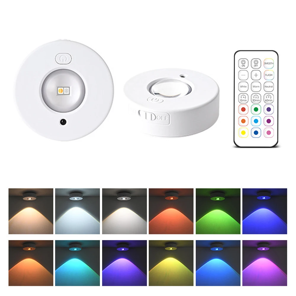 

DC5V Led Puck Light USB Rechargeable RGB 3Colors Dimming Indoor Decoration Remote Controller Cabinet Lamp for Closet,Showcase