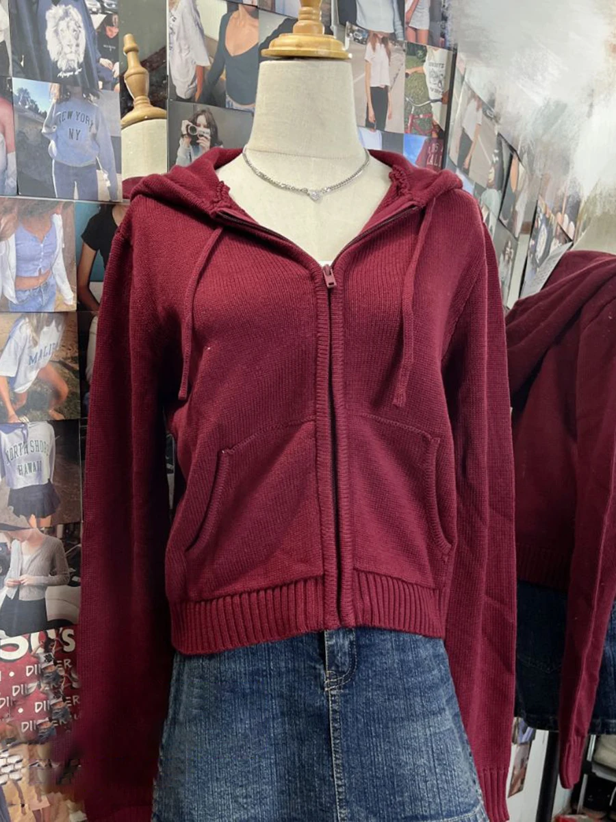 

Vintage Red Wine Knitted Hoodie Woman Autumn Drawstring Hooded Pocket Sweet Long Sleeve Zip-up Sweatshirt Streetwear Hoodies Top