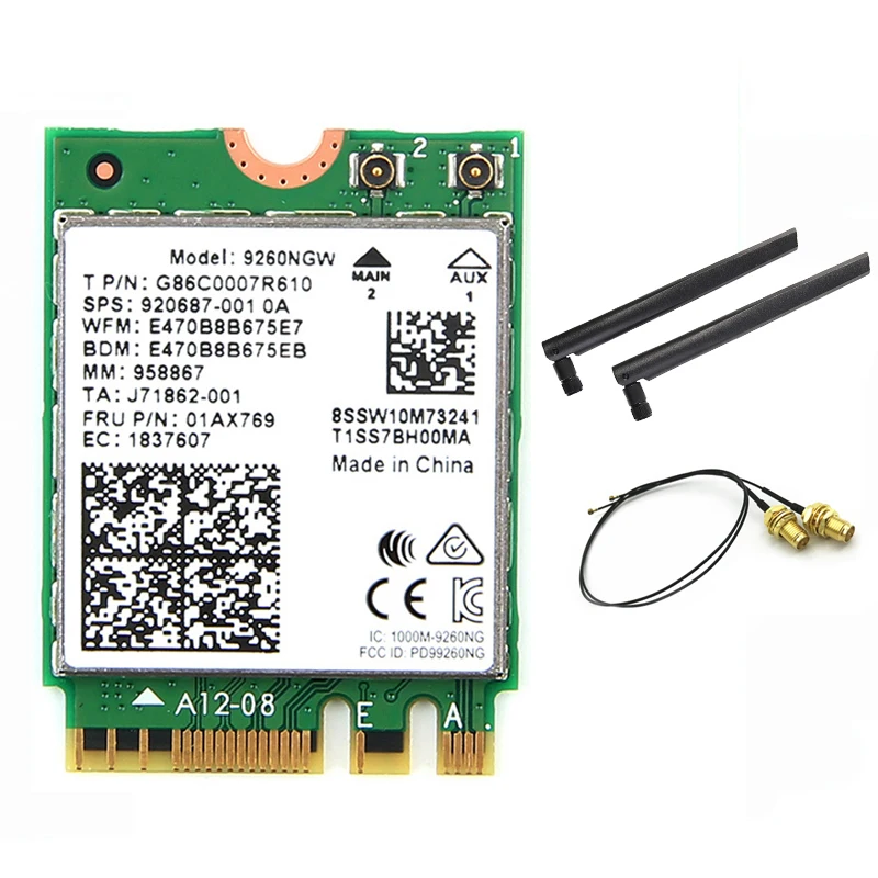 Wireless For Intel AC 9260 9260NGW 802.11ac NGFF WiFi Bluetooth 5.0 Card + 6dbi IPEX MHF4 U.fl To RP-SMA External Antenna Set