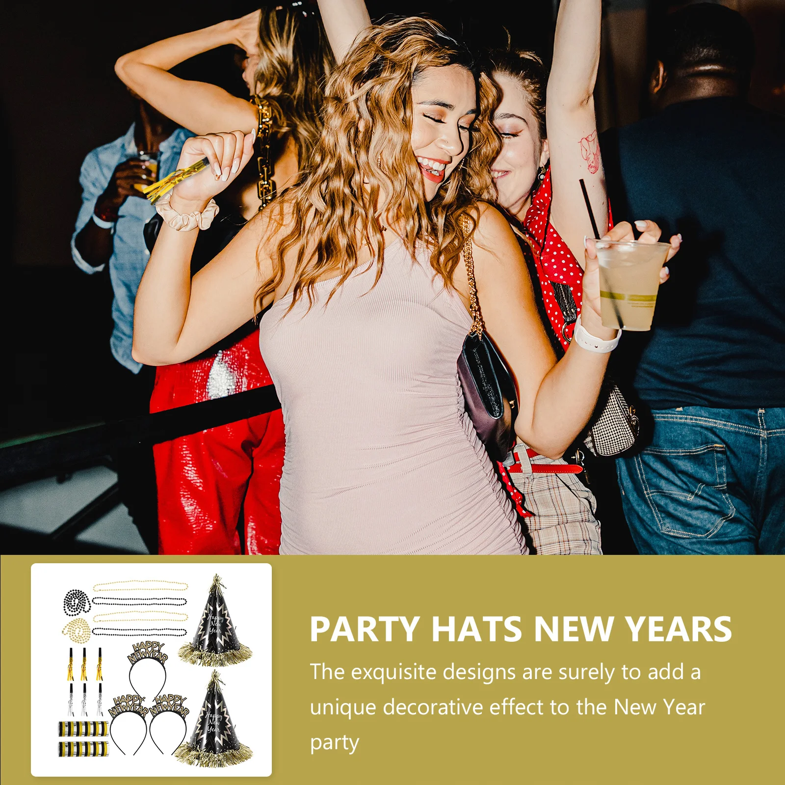 مجموعة تزيين السنة الجديدة، قبعات الحفلات، قلادة مطرزة، عصابة رأس، صانعي الضوضاء، مستلزمات حفلات السنوات الجديدة السعيدة للاستخدام الداخلي والخارجي #2