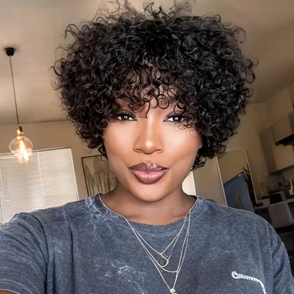 شعر مستعار أفرو قصير مجعد شعر بشري غريب مجعد موجة الباروكات للمرأة شعر مستعار آلة كاملة