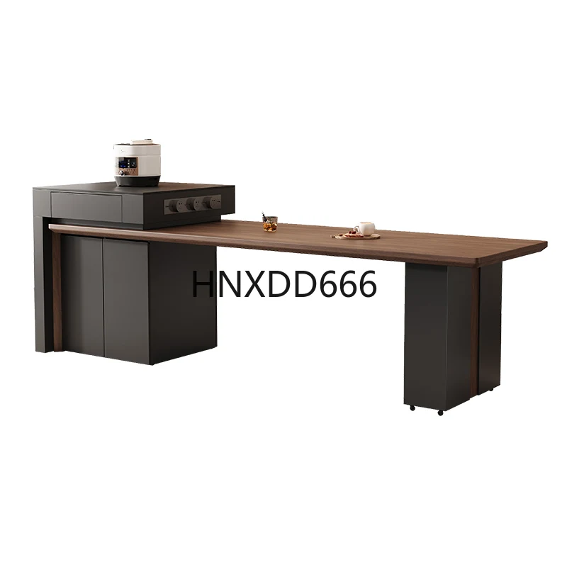

Black rock slab island dining table integrated household retractable middle island