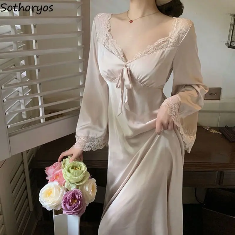 New Nightgowns Women 2023 Lace Long Sleeve Sweet Elegant Comfort Sleepwear Bow Beautyback Patchwork V-neck Lovely Gentle Mujer