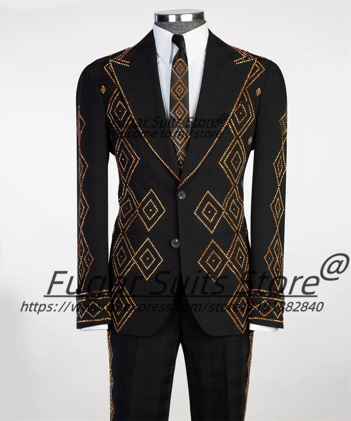 

Luxuly Wedding Groom Wedding Tuxedos Shiny Gold Stone Men Suits Customized Slim Fit Peak Lapel Male Prom Blazers Costume Homme