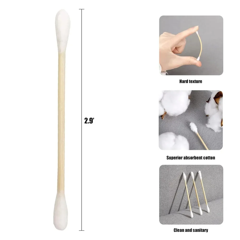 Großhandel 100 Stück Wattestäbchen aus Holz, Wattestäbchen, doppelspitige Wattestäbchen, chlorfrei, hypoallergen, Make-up-Werkzeuge – Detail 1
