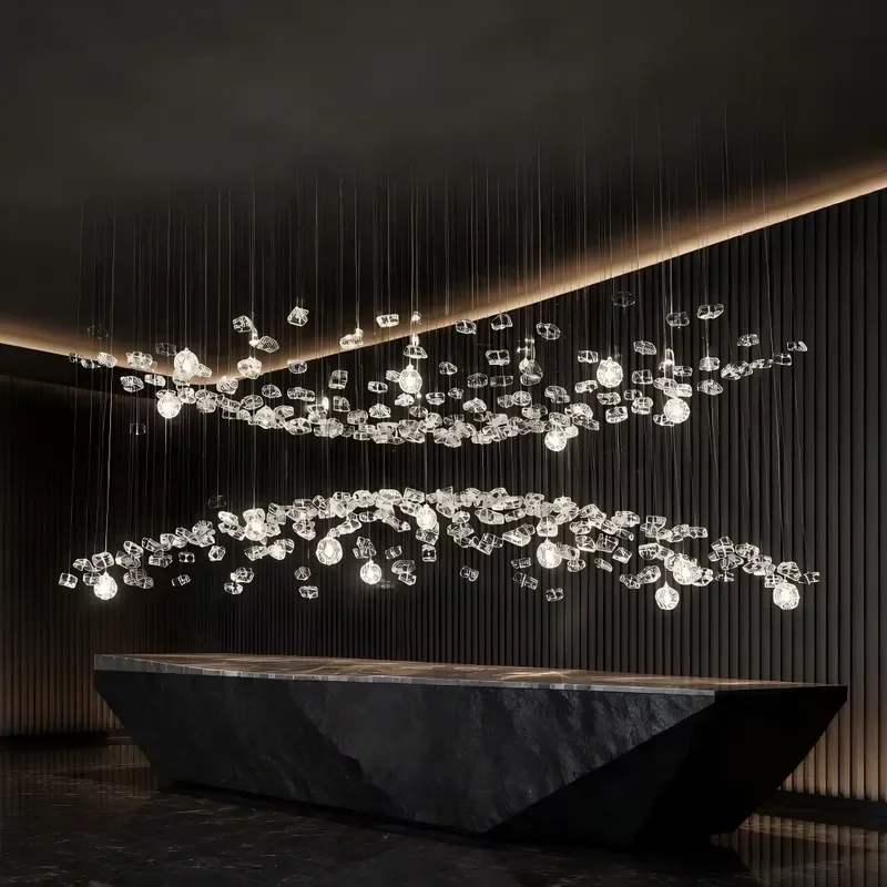 Modern LED Crystal Glass Chandelier Two Layer Wave Design Rain Curtain Ceiling Light for Villa Hotel Lobby Reception Area