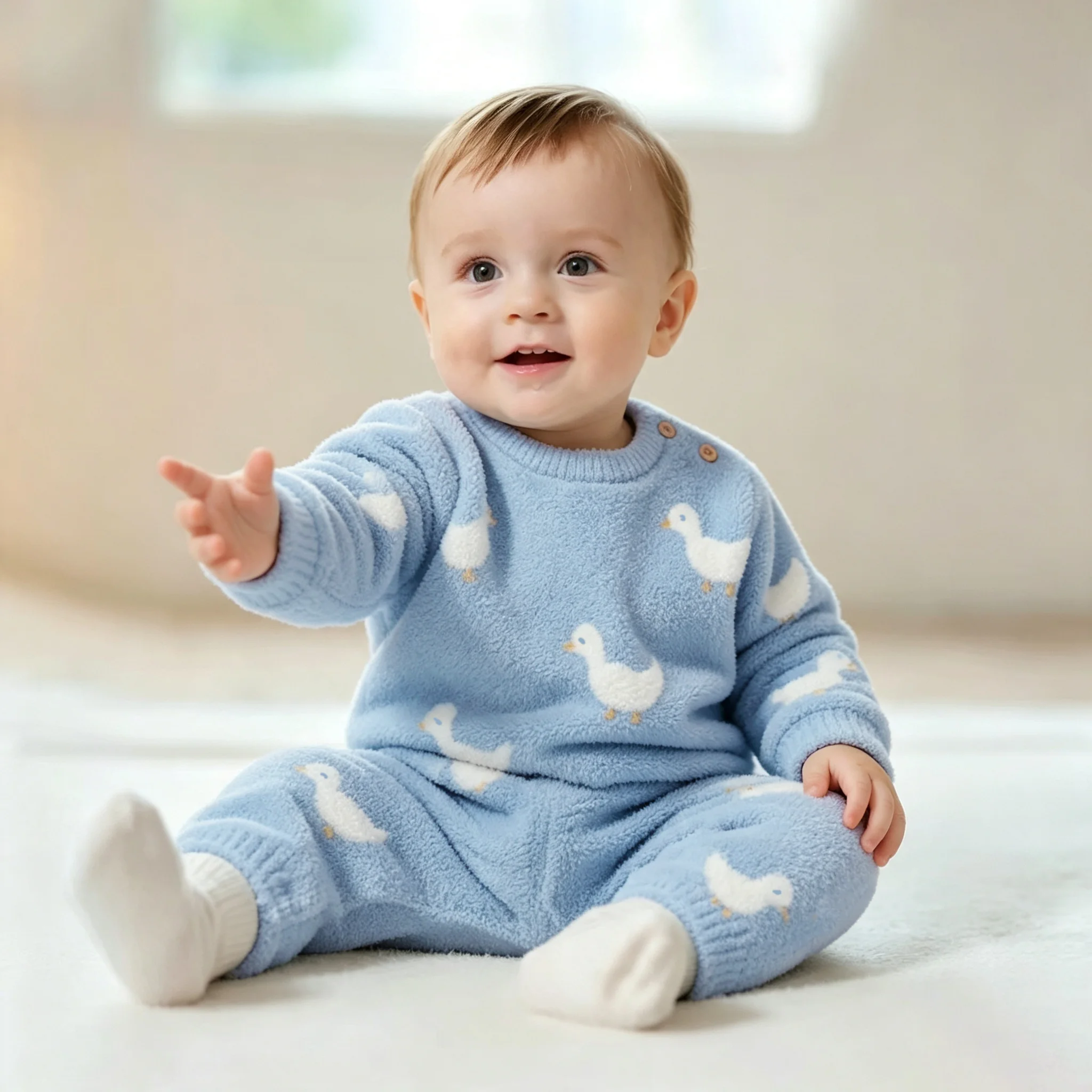 Cute Duck Pattern Knitted Toddler Sweater Pants 2Pcs Set Shoulder Button Autumn Winter Baby Clothing Set Toddler Boys Outfit