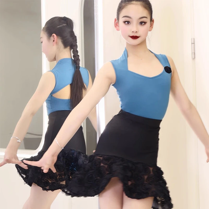

Spring Summer New Latin Dance Costume Waltz Dance Clothing Children Blue Red Tops Black Lace Skirt Salsa Practice Clothes XH2629