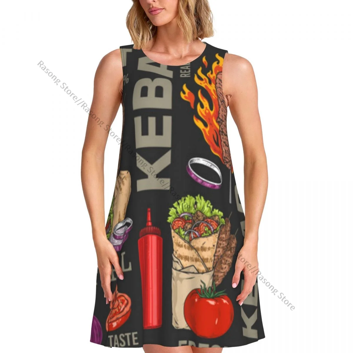 Women Clothing Dress Hot Kebab Colorful Pattern Round Neck Sleeveless Length Dress