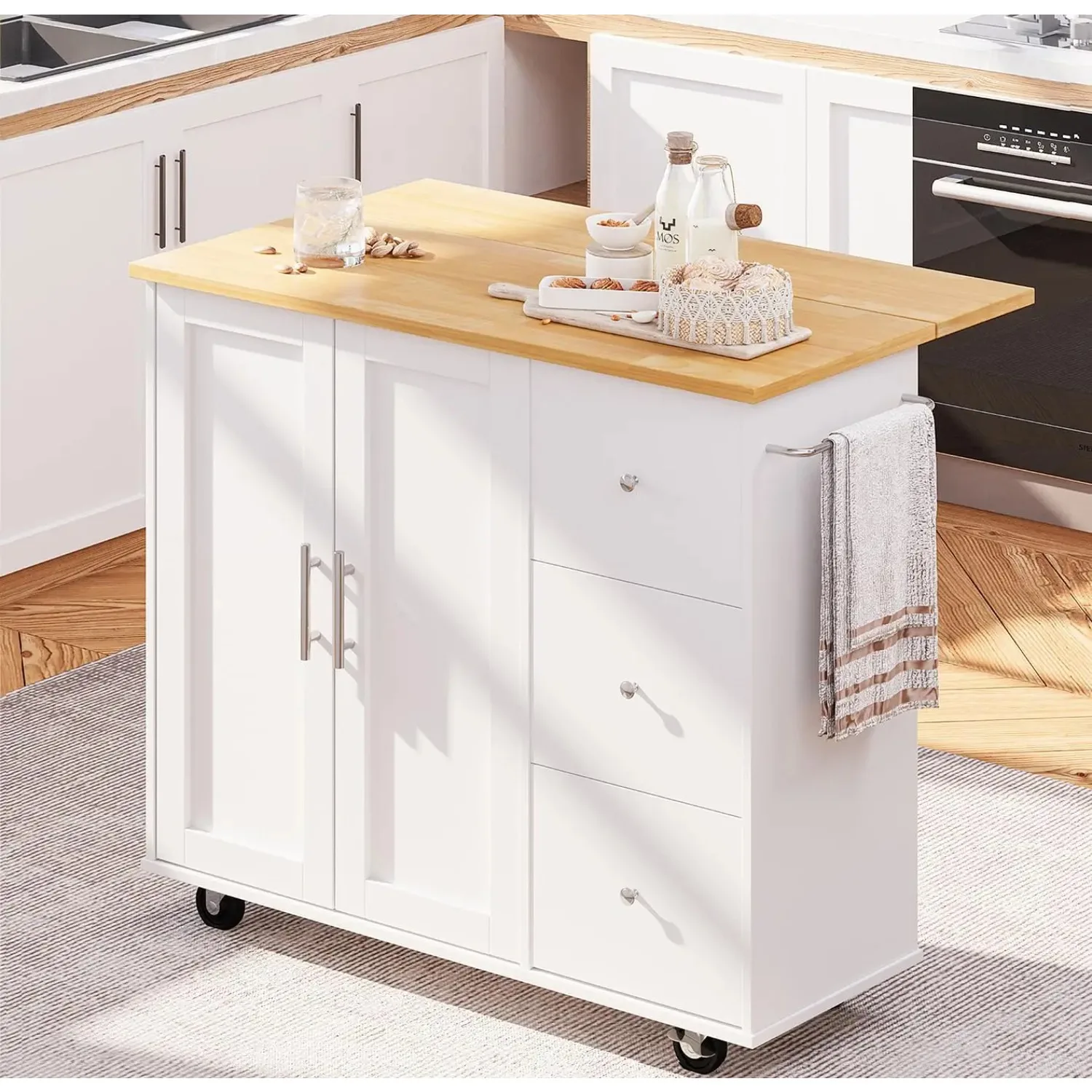 Kitchen Island on Wheels with Storage Cabinet & Foldable Drop Leaf, Rolling Kitchen Table, Cart Handle for Towel Rack