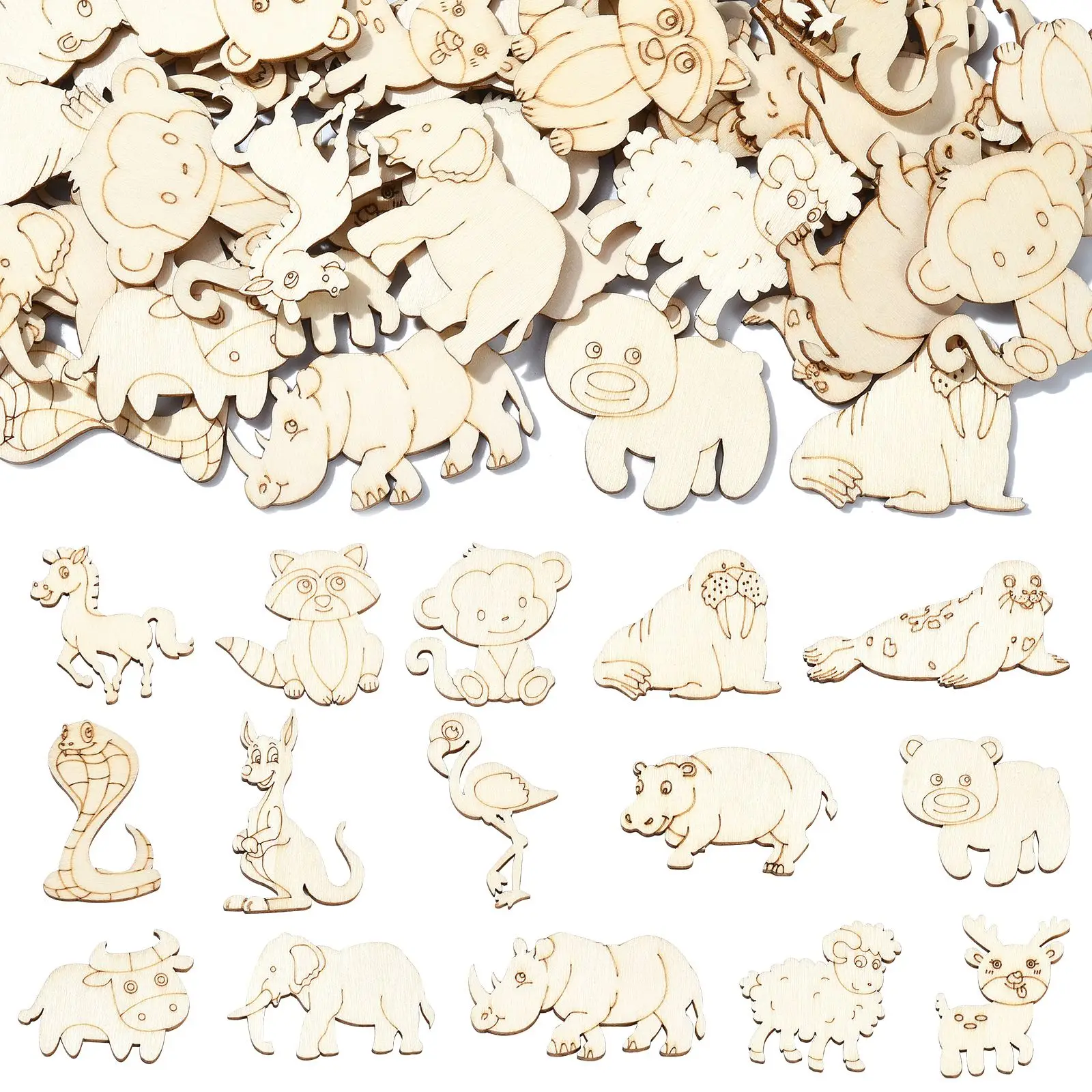 100Pcs Random Unfinished Wooden Forest Animal Cutouts Wild Life Snake Elephant Fox Wood Ornaments for DIY Craft Art Projects