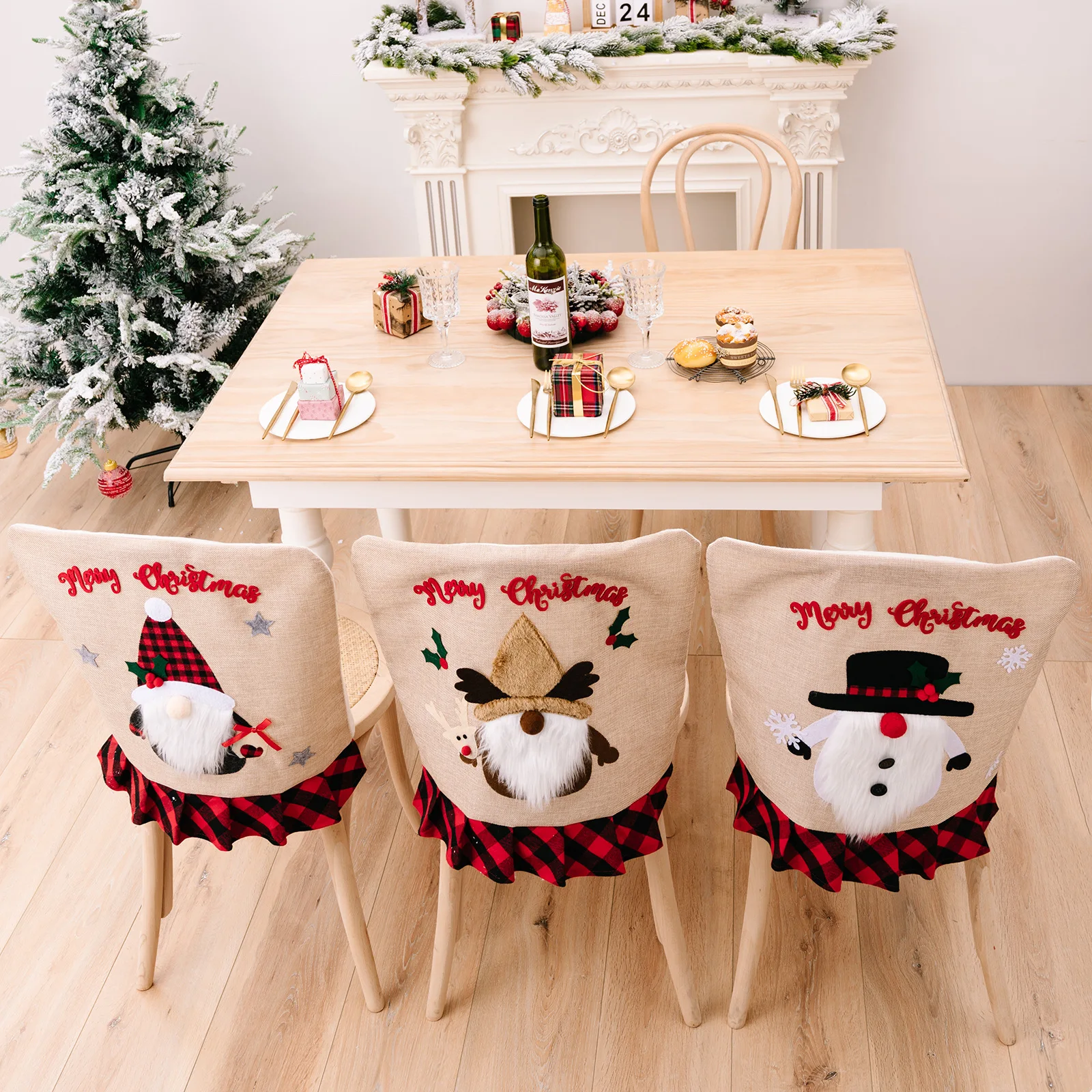 Christmas Chair Cover New Design Red Black Plaid Santa Claus Cartoon Holiday Decor