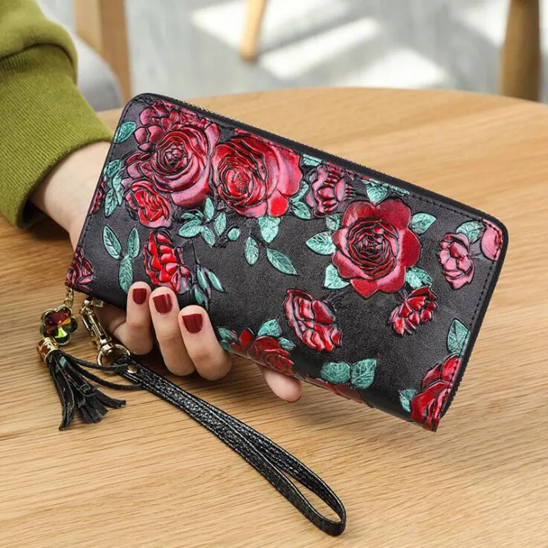 Wallet Woman 2022 Embossed Dragonfly Rose Clutch with Tassel Wristlet Purse Long Genuine Leather Evening Bag Wallets for Women