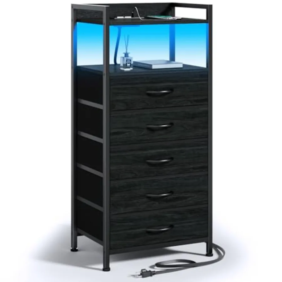 

Night Stand with Charging Station Tall Black Dresser for Bedroom Nightstand with Led Light Bed Side Table for Living Room Fabri