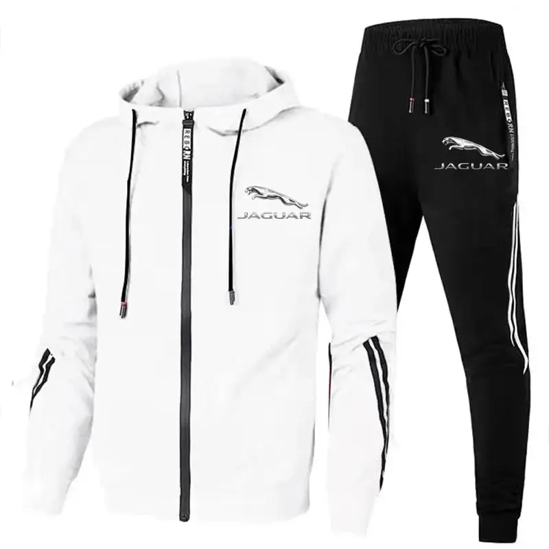 Men Jaguar Car Logo Print 2 Piece Sets Sportswear Zip Hooded Sweatshirt+Pants Gym Running Clothing 2024 New Tracksuit