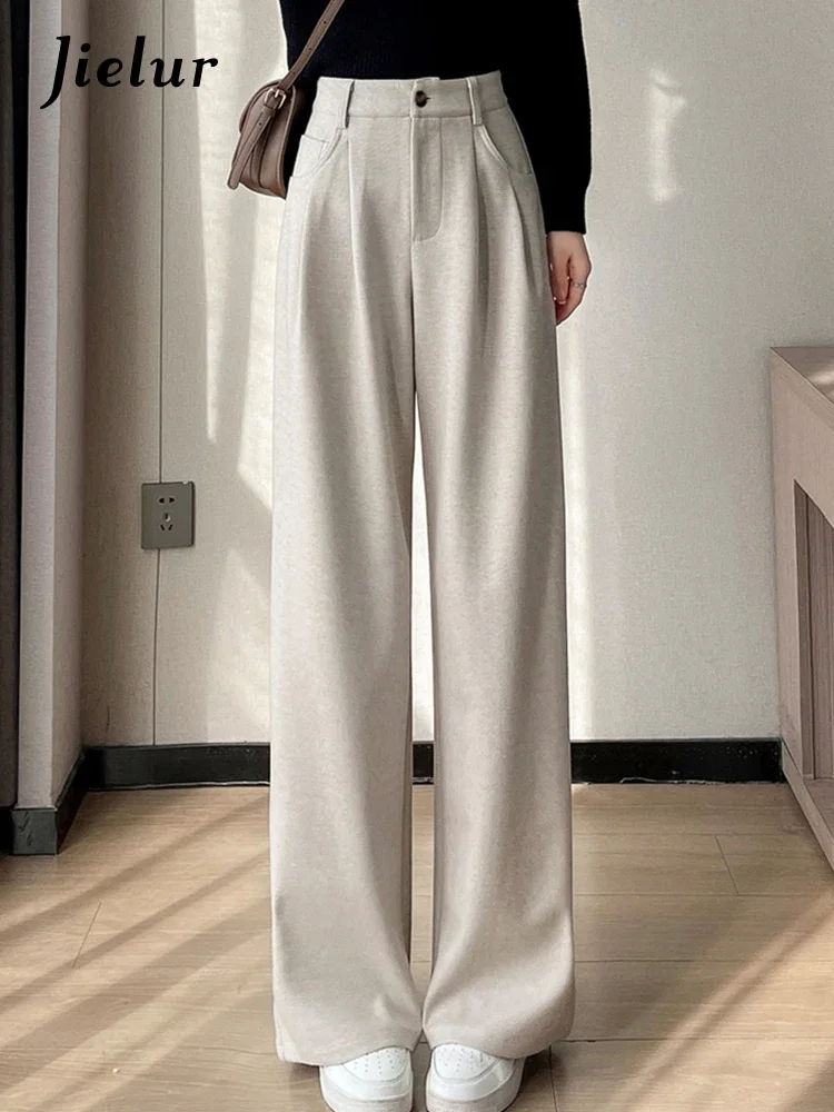 

Jielur Khaki Loose Winter Casual Women's Pants Office Lady Straight High Waist Thick Slim Simple Fashion Female Wide Leg Pants