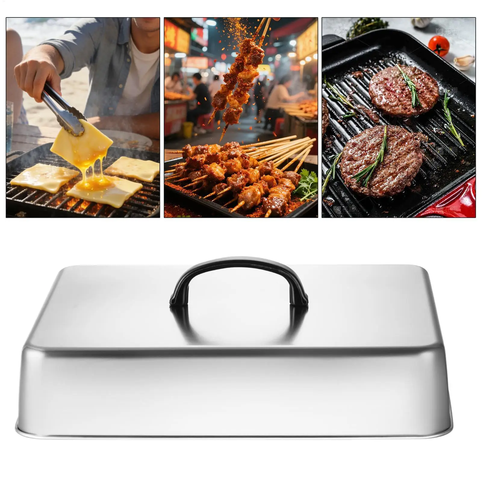 Basting Cover Rectangular Stainless Steel Heat Resistant Lid Griddle Steam Cover for BBQ Grill Food Steam Burger Vegetable Meat